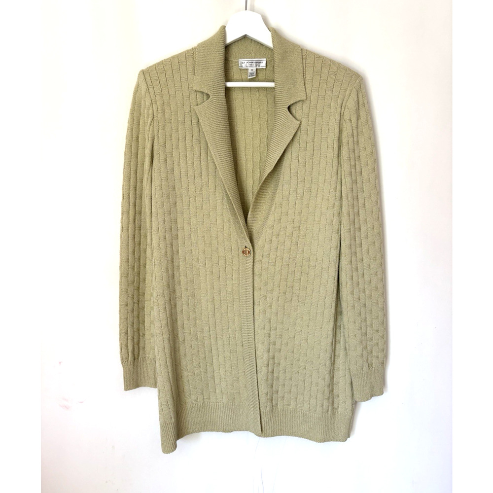 St John Cardigan Sweater Medium Green Santana Knit Vneck Longline Button